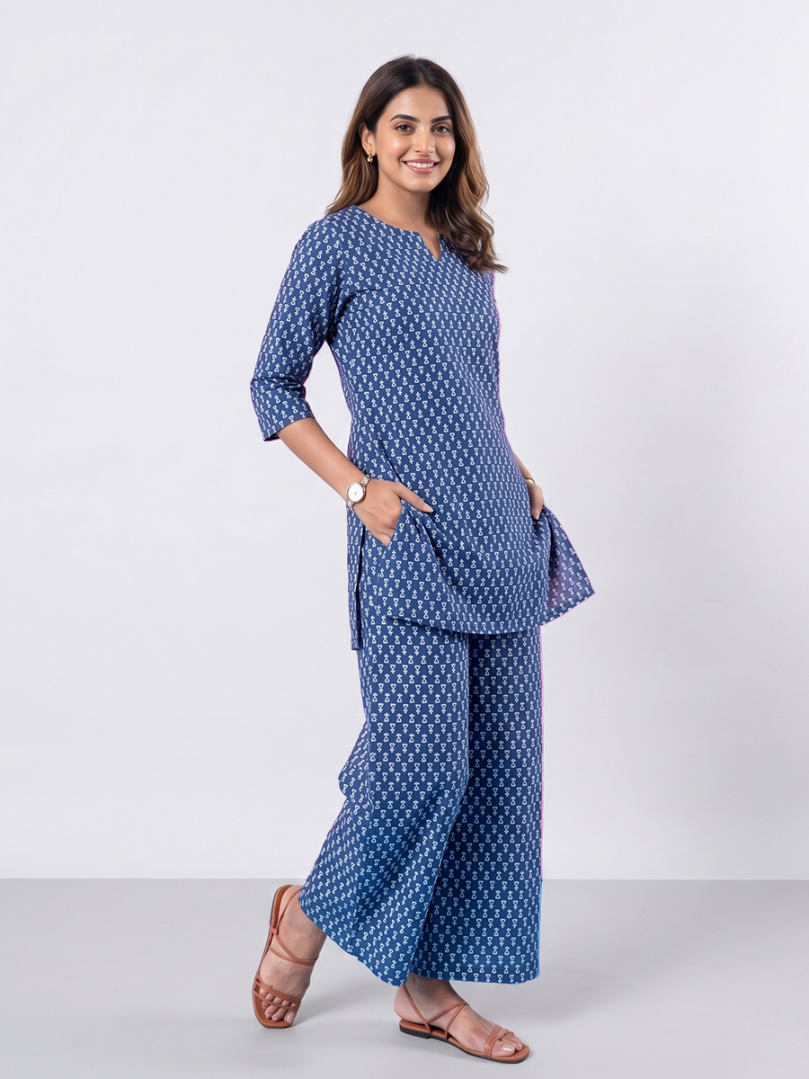 indigo cotton co ord set | straight kurta 3/4 sleeve