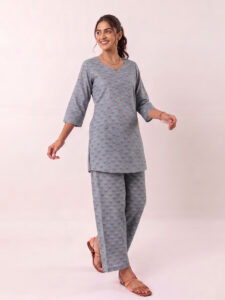 Grey Buti Printed Cotton Co-ord Set | Straight Kurta 3/4 Sleeve
