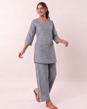 Grey Buti Printed Cotton Co-ord Set | Straight Kurta 3/4 Sleeve