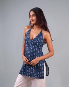 Blue Halter Neck Short Kurti | Lace-up Back