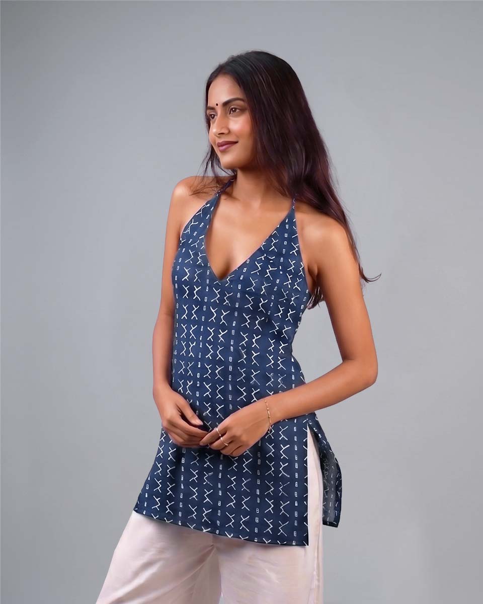 Blue Halter Neck Short Kurti | Lace-up Back