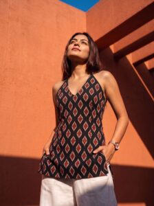 Black Print Halter Neck Short Kurti |Lace-up Back