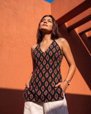 Black Print Halter Neck Short Kurti |Lace-up Back
