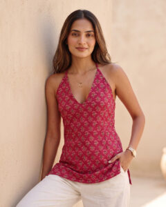 Bagh Print Halter Neck Short Kurti |Lace-up Back