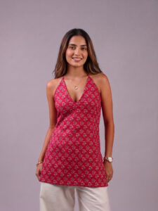 Bagh Print Halter Neck Short Kurti |Lace-up Back