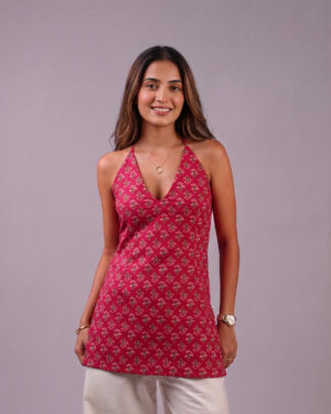 Bagh Print Halter Neck Short Kurti |Lace-up Back