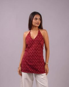Bagh Print Halter Neck Short Kurti |Lace-up Back