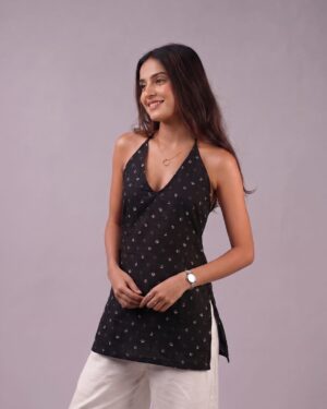 Black Bandhani Print Halter Neck Short Kurti |Lace-up Back