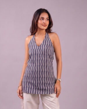 Off White with Indigo - Halter Neck Short Kurti | Lace-up Back