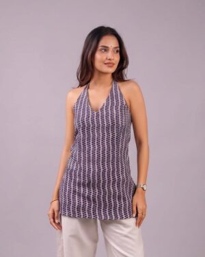 Off White with Indigo - Halter Neck Short Kurti | Lace-up Back