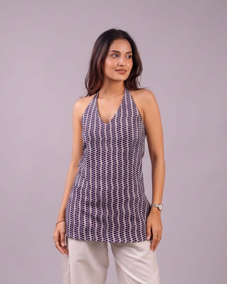 Off White with Indigo - Halter Neck Short Kurti | Lace-up Back