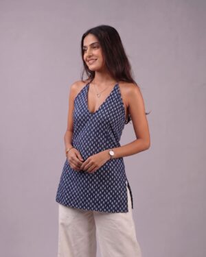 Blue Print Halter Neck Short Kurti |Lace-up Back