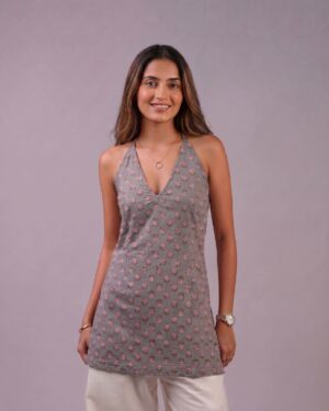 Grey Print Halter Neck Short Kurti |Lace-up Back