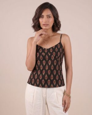 Black V-Neck Printed Top