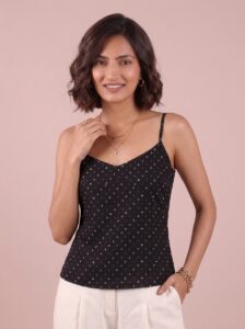 Black Bandhani V-Neck Printed Top
