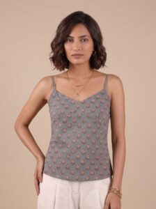 Grey V-Neck Printed Top
