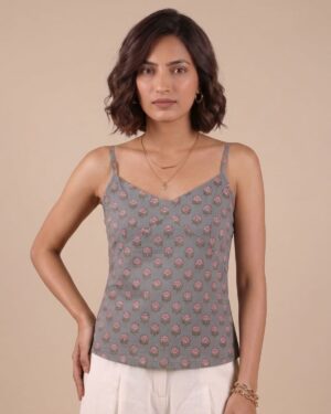 Grey V-Neck Printed Top