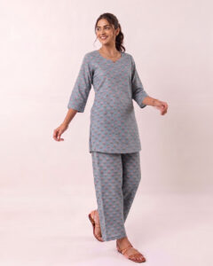 Grey Buti Printed Cotton Co-ord Set | Straight Kurta 3/4 Sleeve