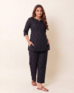 Black Bandhani Printed Cotton Co-ord Set | Straight Kurta 3/4 Sleeve